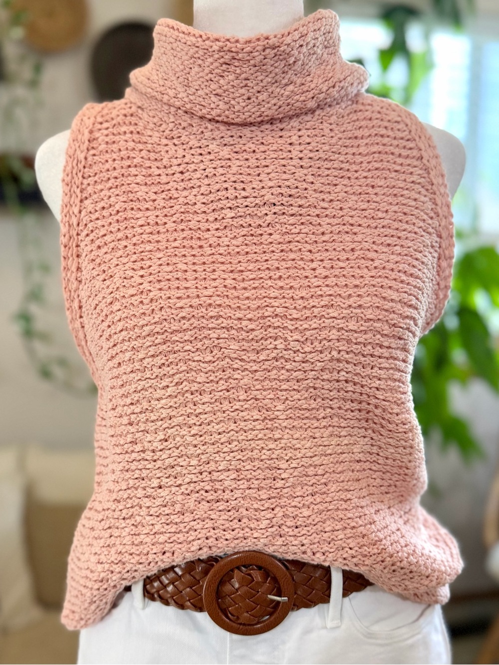 PILCRO Anthropologie Too Shirt Blouse Pink Knit Sleeveless Turtleneck Sweater L